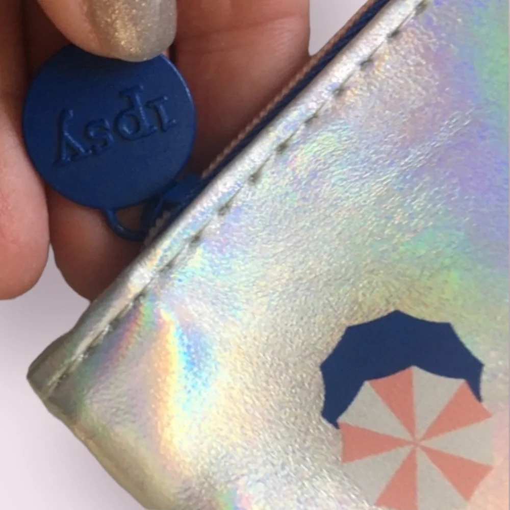 Ipsy Makeup Bag Silver Pink Umbrella Iridescent Pouch Zipper Carrier Travel